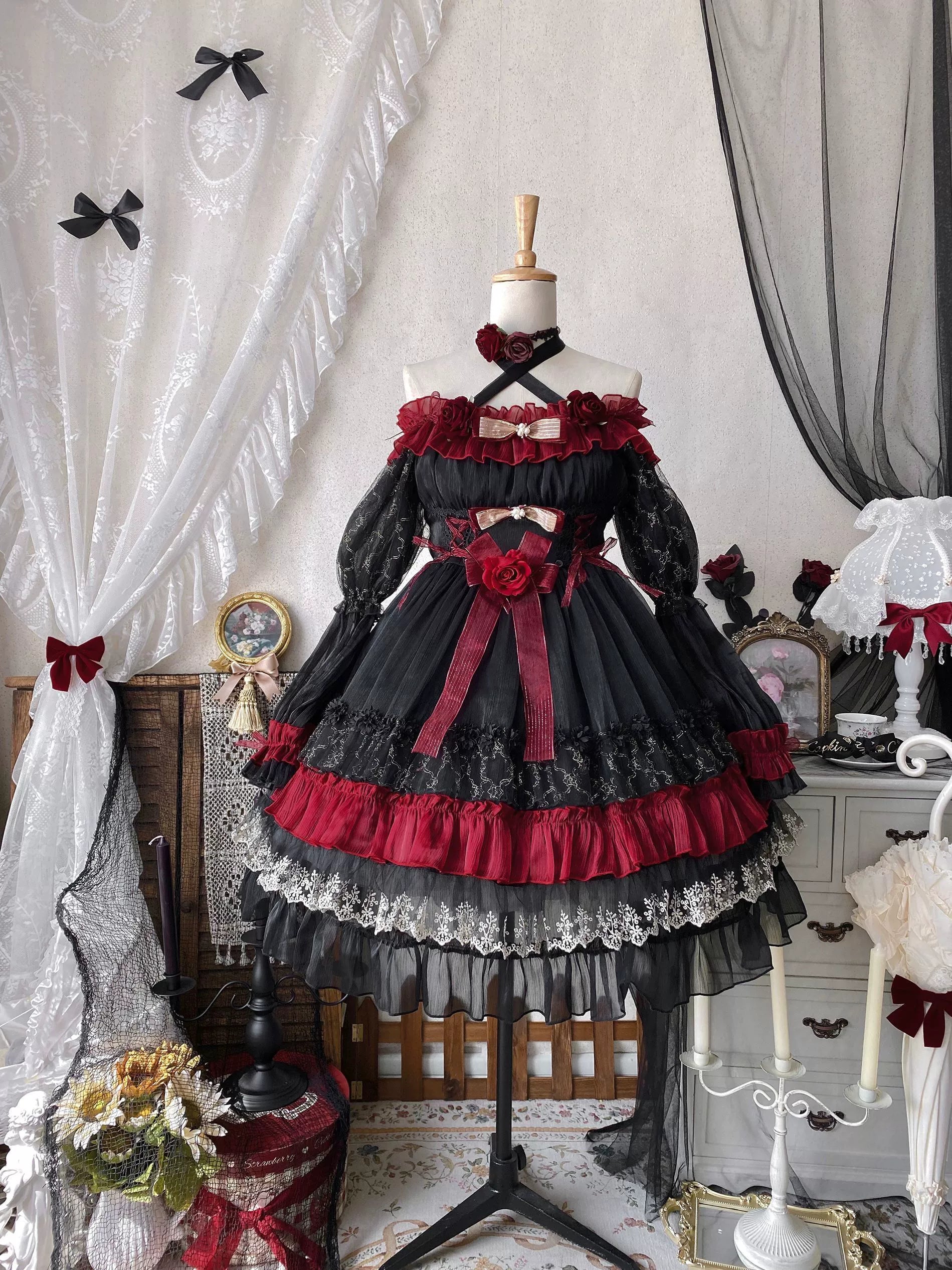 Night of Berea Gothic Lolita OP Dress in Black and Red - image 23