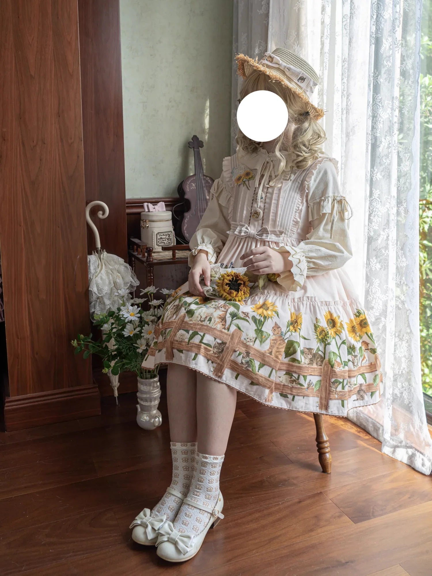 Cat and Sunflower - Sweet Lolita JSK, Cat and Sunflower Print - image 23