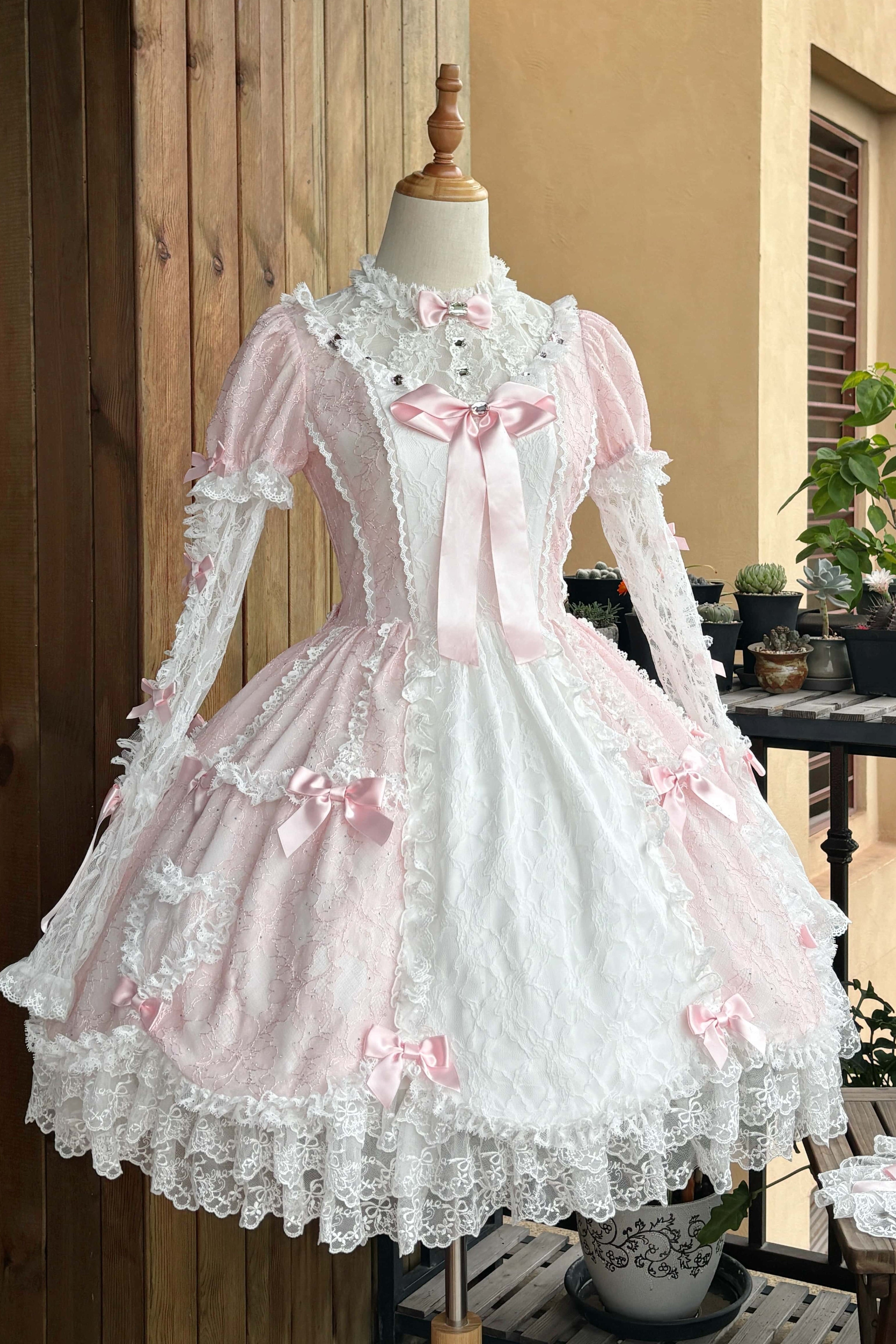 Lacy Doll - Pink Rhinestone Lace Lolita OP Dress and Accessories - image 1