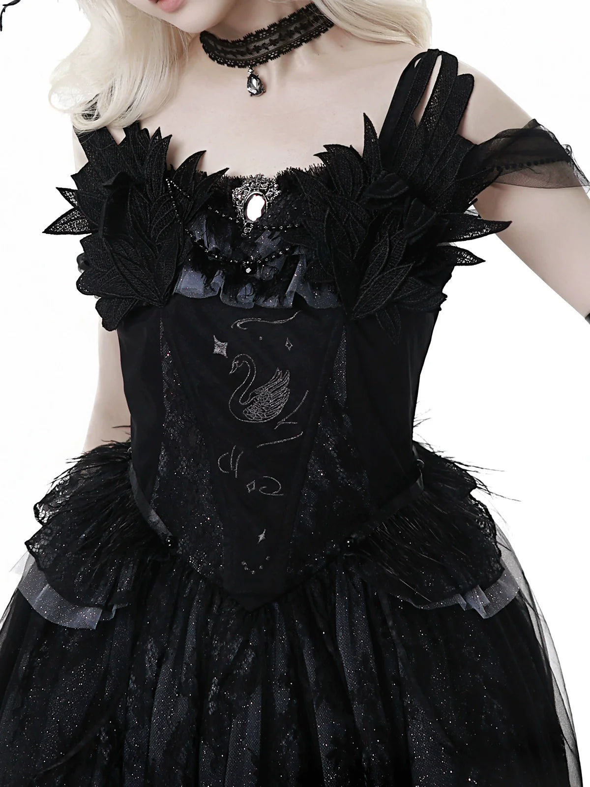 Star Swan Dream - Black Gothic Lolita JSK Dress, Swan Embroidery - image 20