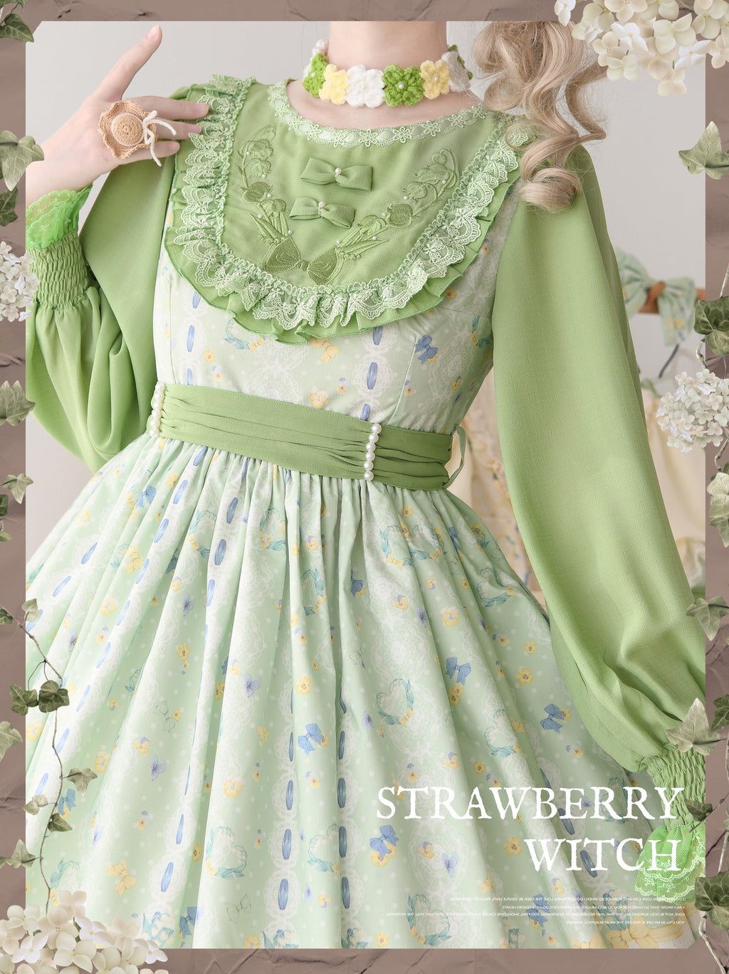 Lily of the Valley Kitten - Country Lolita OP with Embroidery and Cat Print - image 9