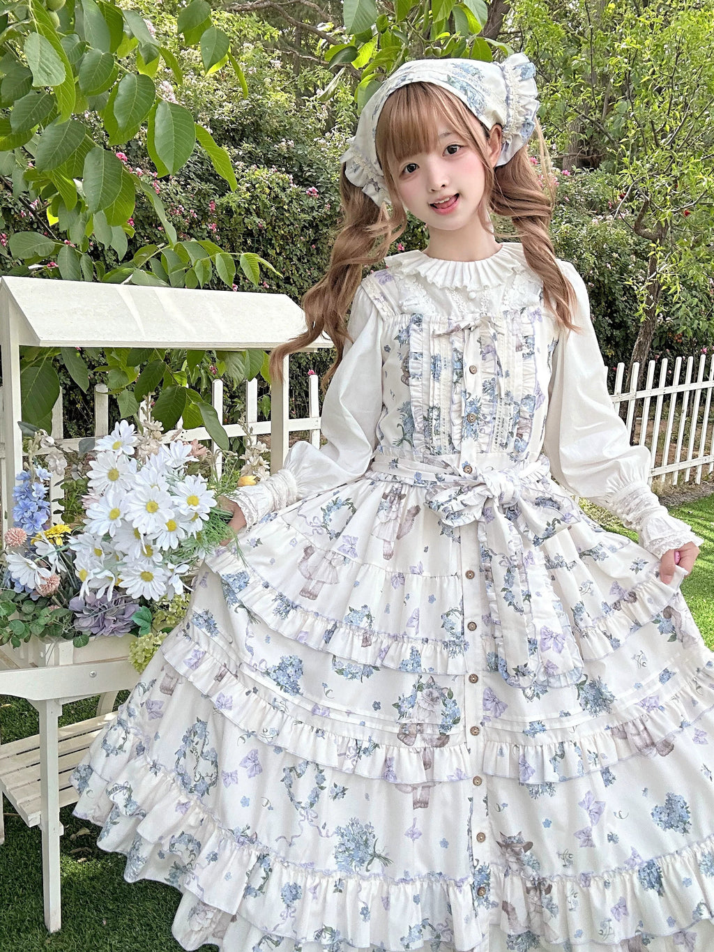 Meow Wreath - Classic Lolita Button Closure JSK Dress, Cat and Wreath Print - image 2