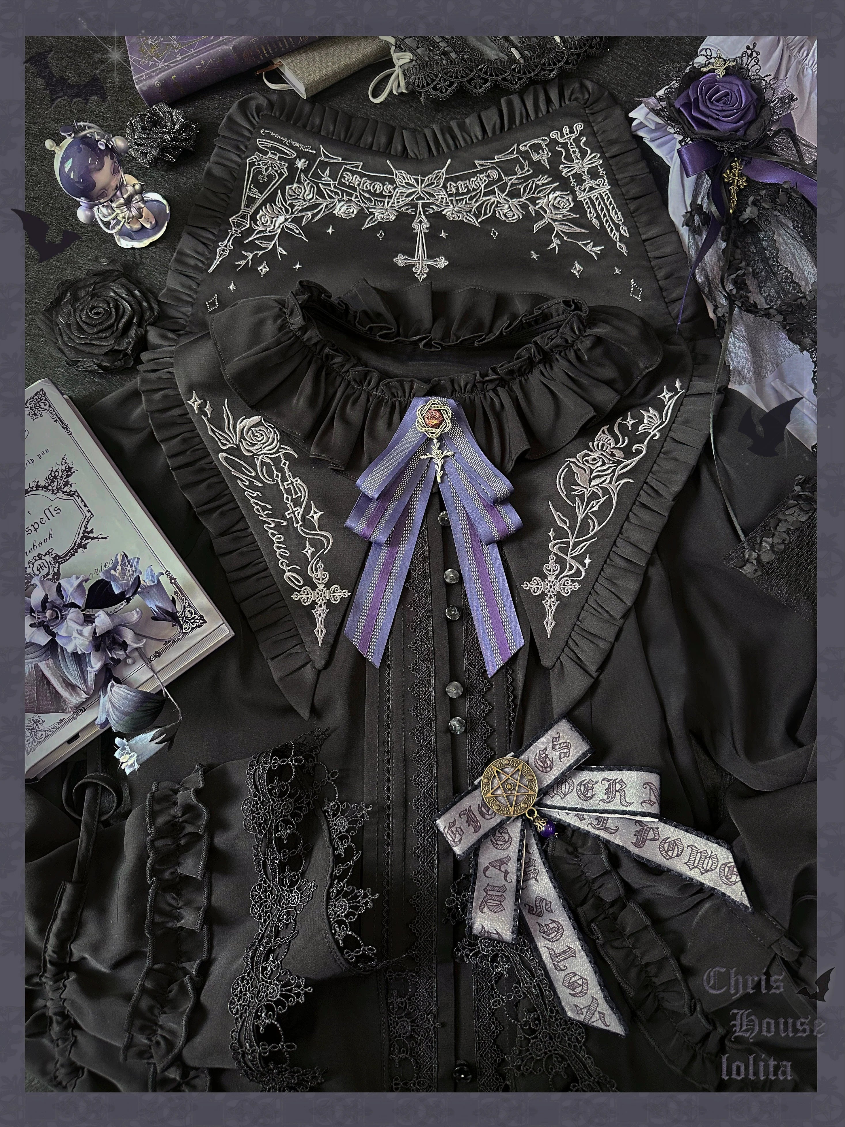 Witch Notes - Gothic Lolita Embroidered Dress Suit, Cross and Rose Print - image 35