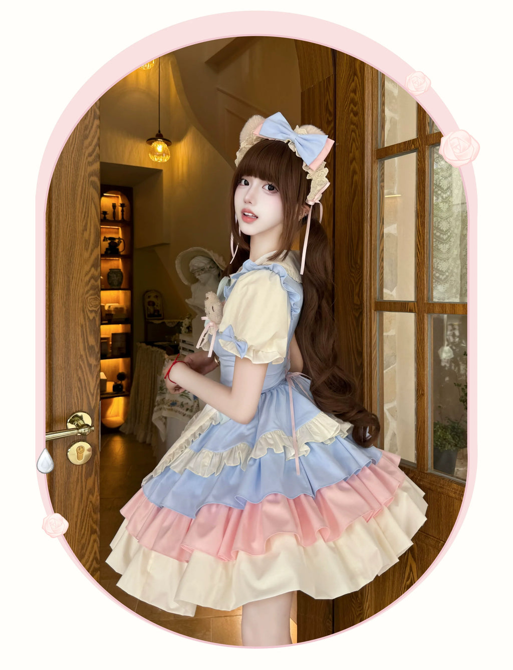 Cream Puff - Sweet Lolita Apron OP Dress, Bunny & Bear Details - image 7