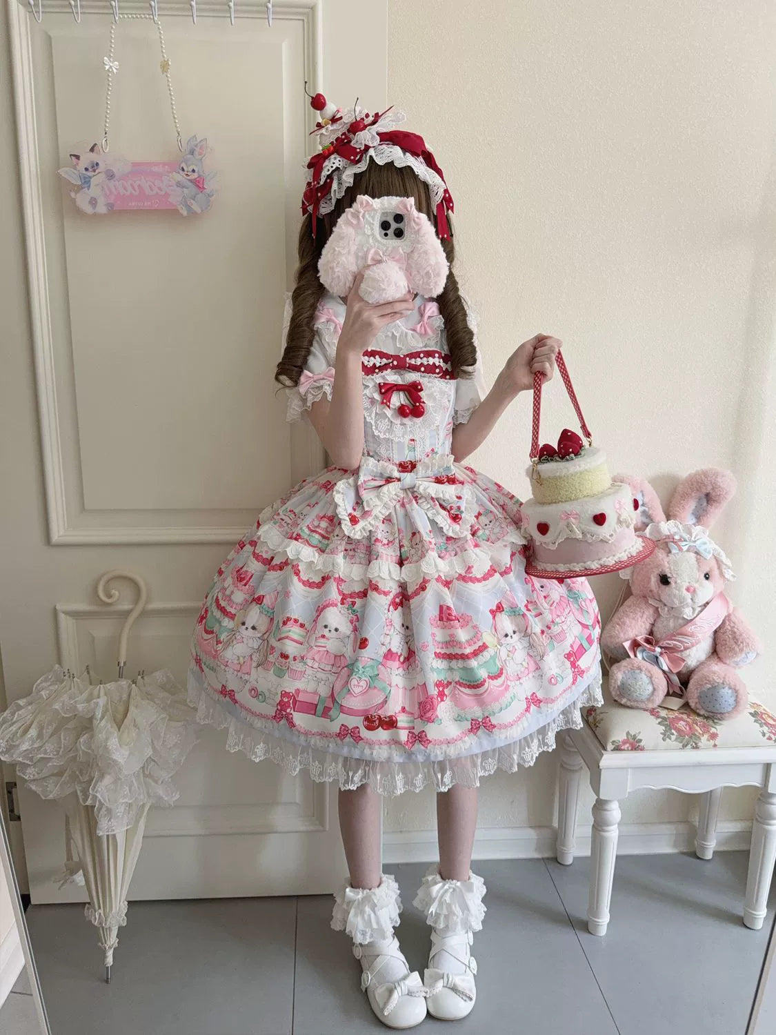 Cherry Bake Song - Kawaii Lolita JSK Dress With Dessert Print & Cherry Bow - image 18