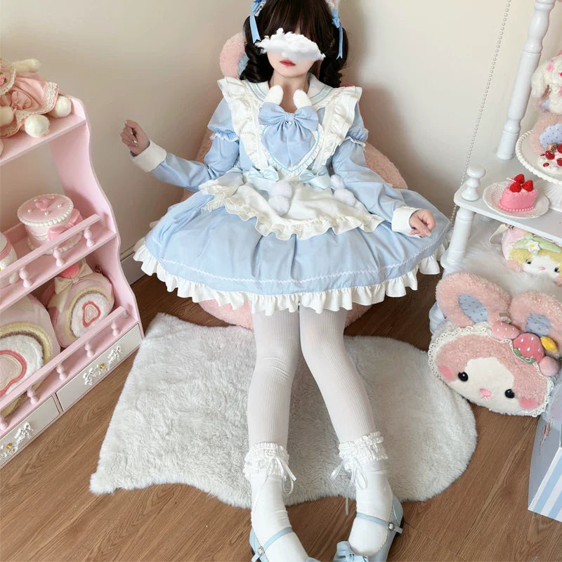 Sweet Bunny Pom-pom - Maid Lolita Bunny Ear Collar OP Dress, Detachable Apron and Accessories - image 13