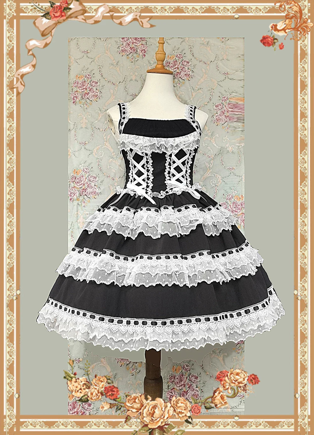 Mirror Doll - Old School Lolita Tiered Hem JSK with Polka Dot Lace and Accessories - image 1