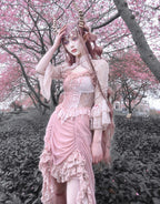 Sakura Nightmare - Pink Gothic Velvet Drawstring Dress - image 19