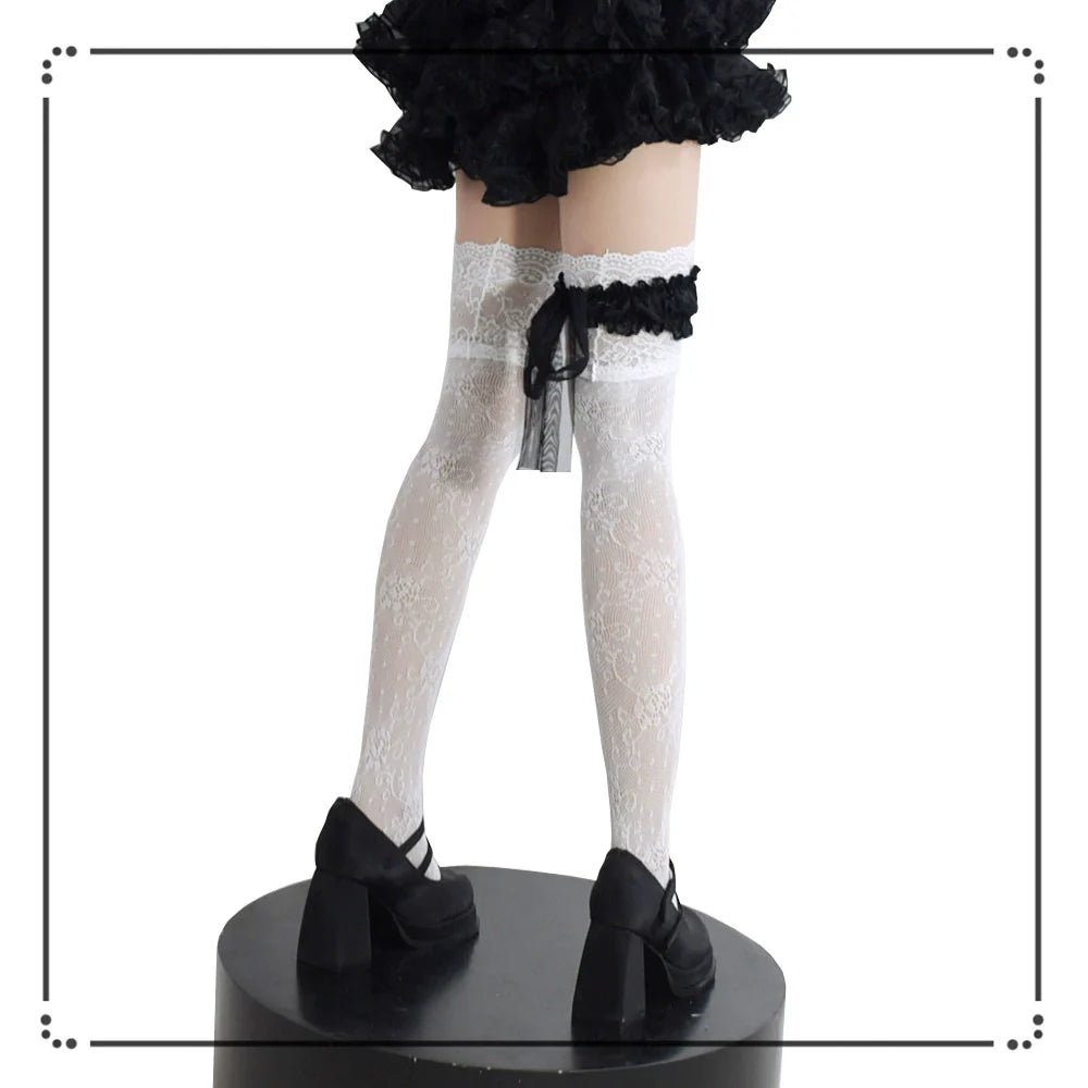 Wuxiaoliu Gothic Lolita Lace Stockings with Bow Garter - image 12