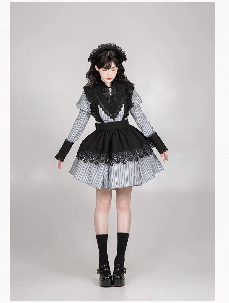 Nocturne SP - Striped Gothic Lolita OP Twin Lolita Dress with Apron and Accessories - image 28