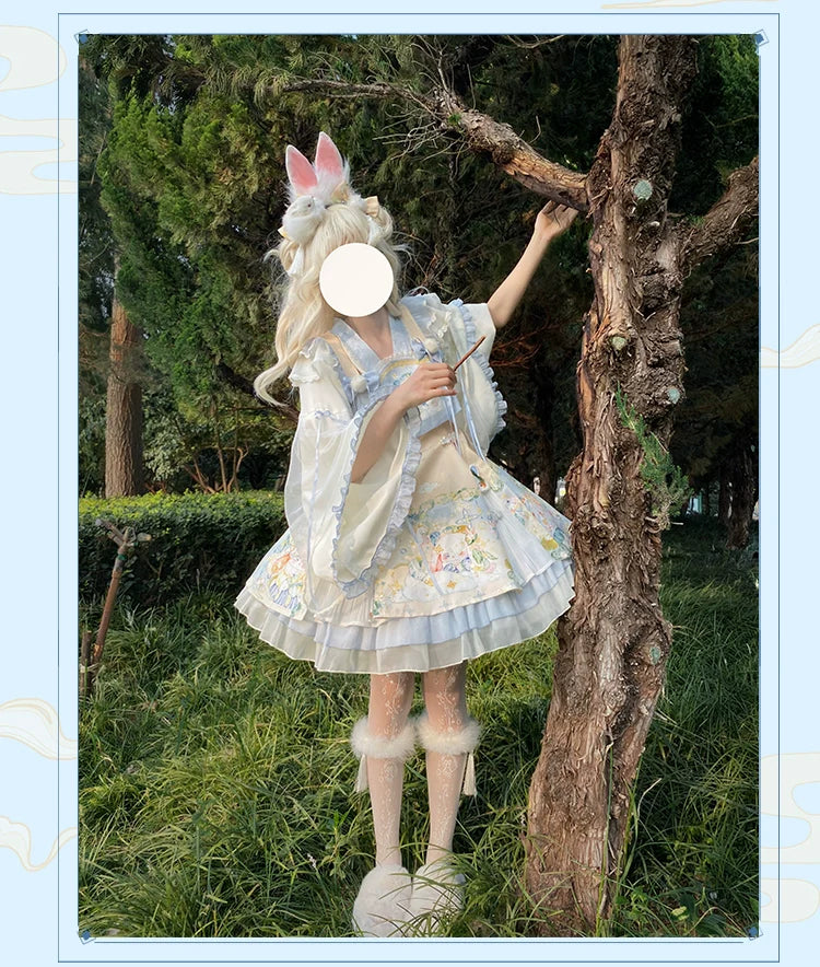 Laurel - Kawaii Han Lolita Jumper Dress Rabbit Print and Accessories - image 3