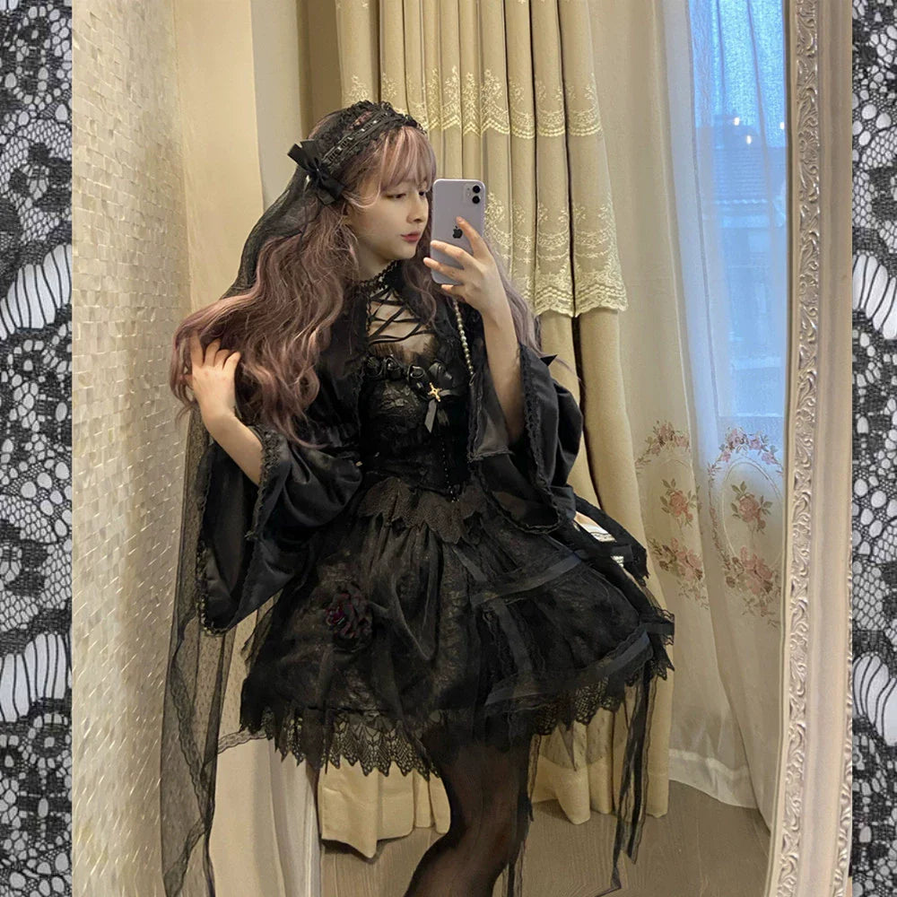 Rose Cage - Gothic Lolita Black Suspender Dress - image 3