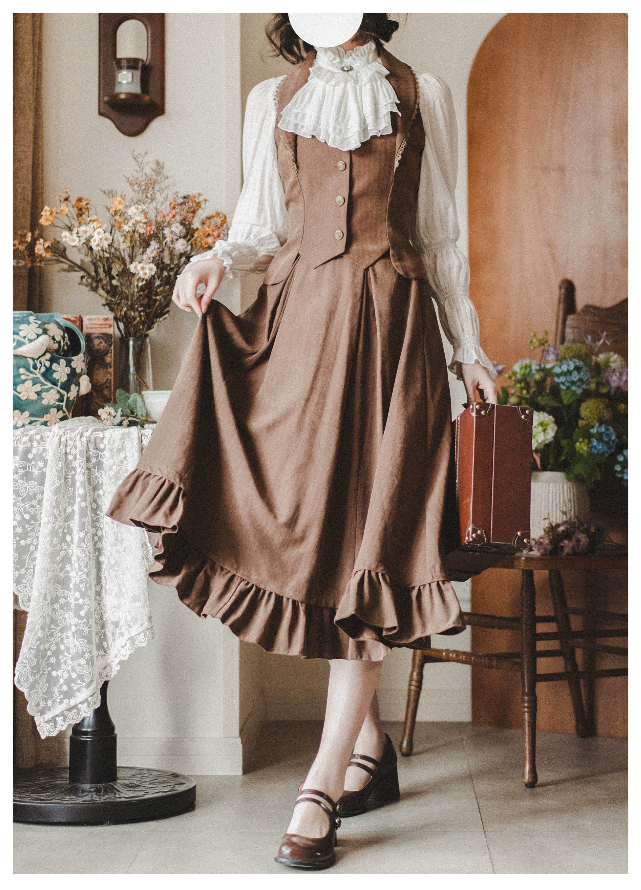 Classic Lolita A-Line Skirt, Button-Front Vest and White Blouse - image 18