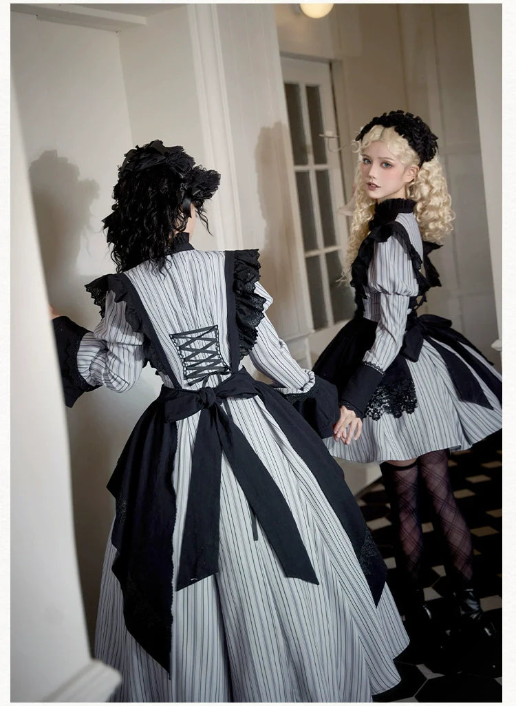 Nocturne SP - Striped Gothic Lolita OP Twin Lolita Dress with Apron and Accessories - image 4