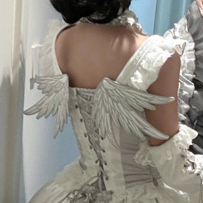 Metallic Angel - Silver-white Punk Lolita JSK, Wing and Rhinestone Details - image 12