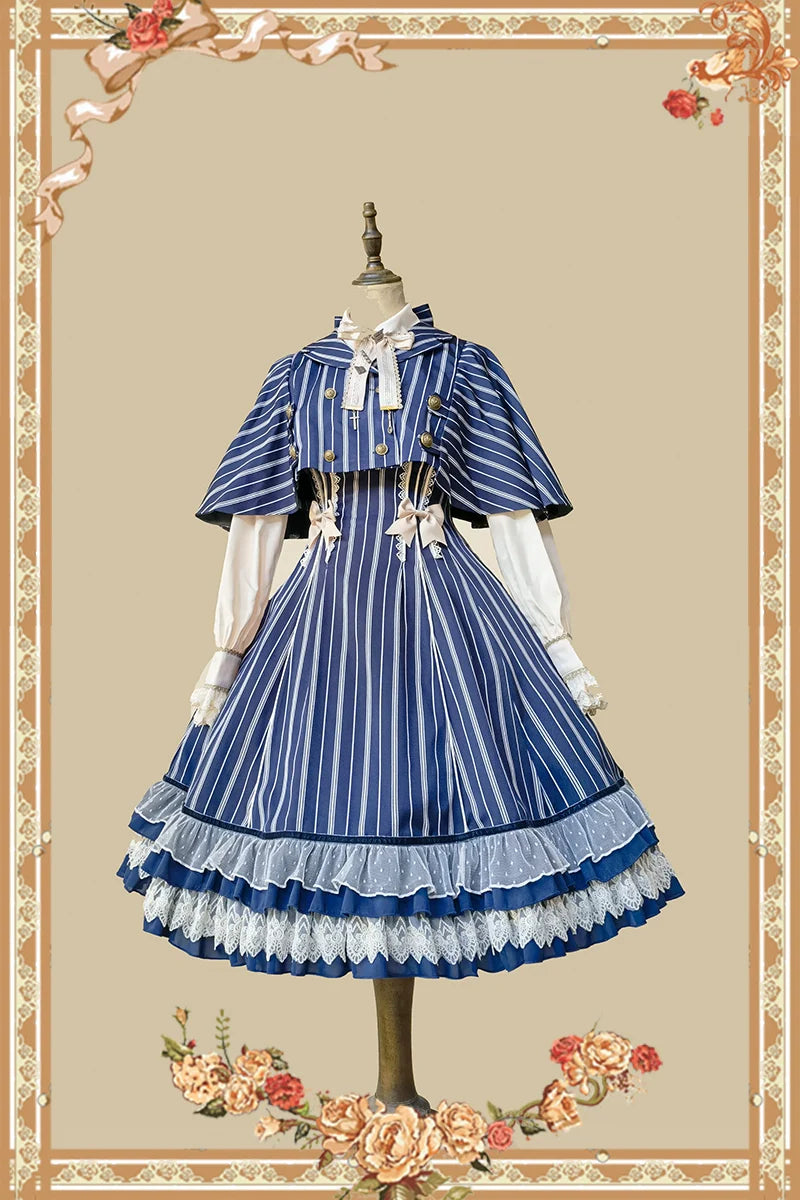Elegant Lolita Stripe High-waist Jumper Dress Set and Cape - image 12