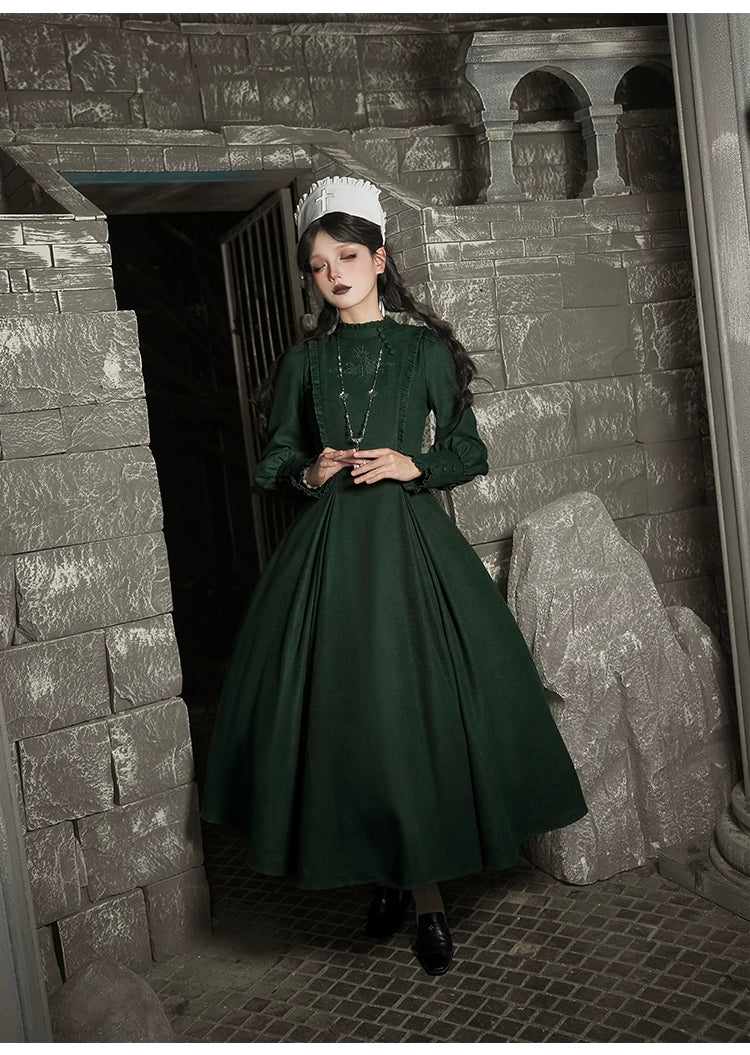 Abyss Clinic - Gothic Lolita Green Dress Set, Embroidery Accent - image 29