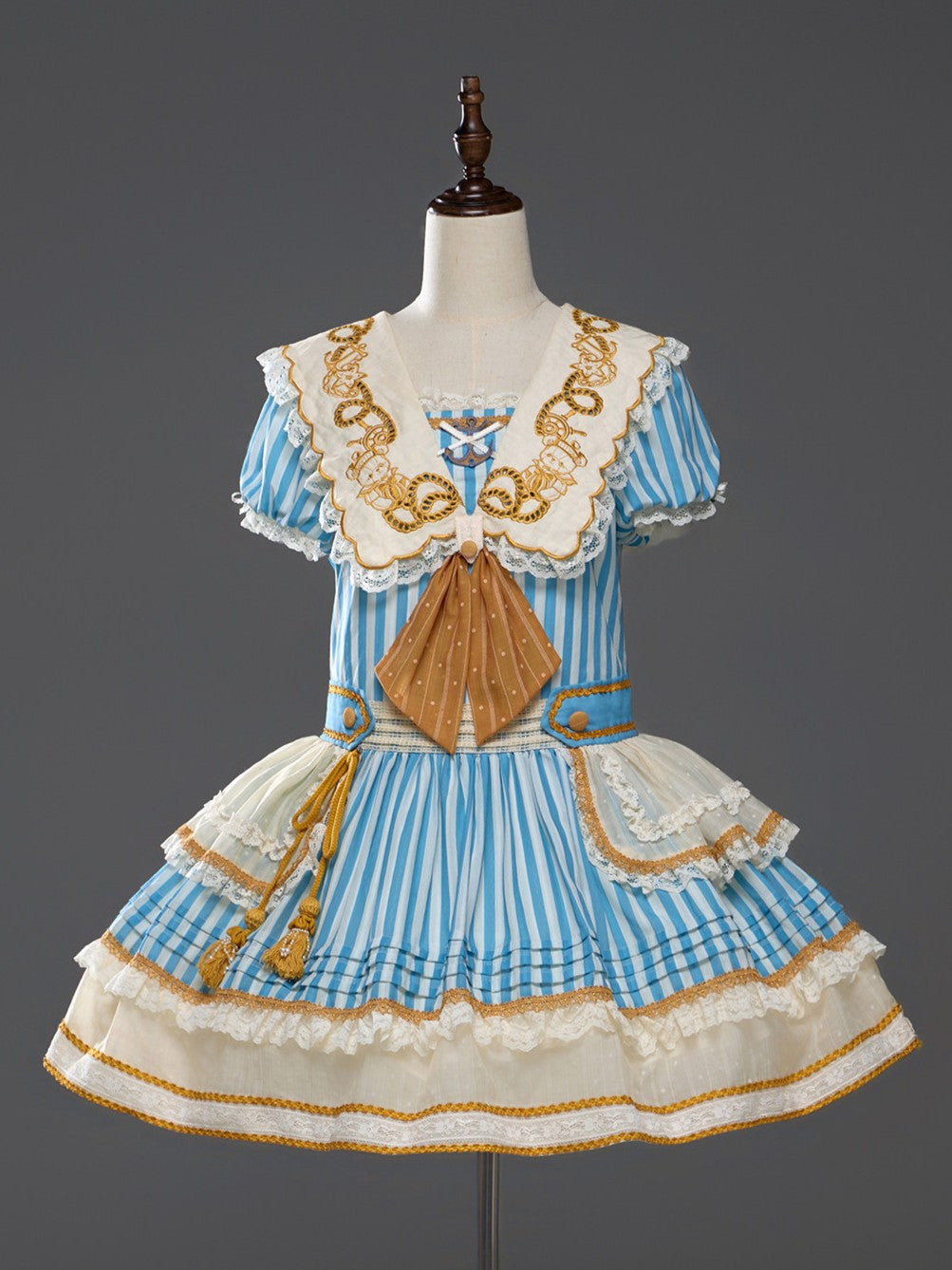 Antique Sailor Bear Blue Stripe Low Waist Lolita OP Dress - image 10