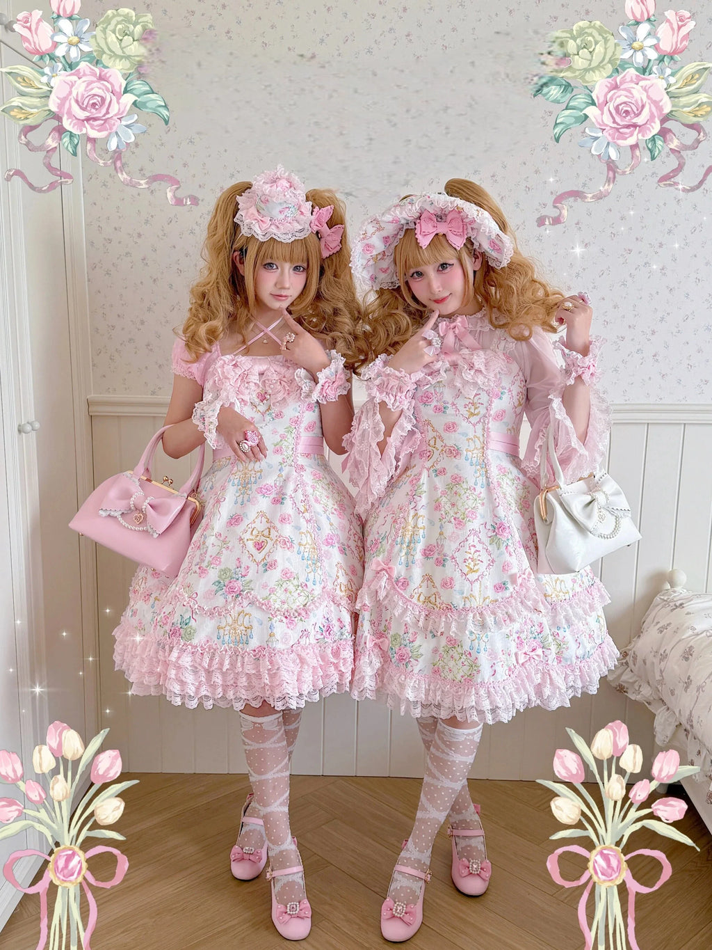 Spring 2025 Vintage Flower Wall Chandelier Rose Print Sweet Lolita JSK Dress and Accessories - image 6