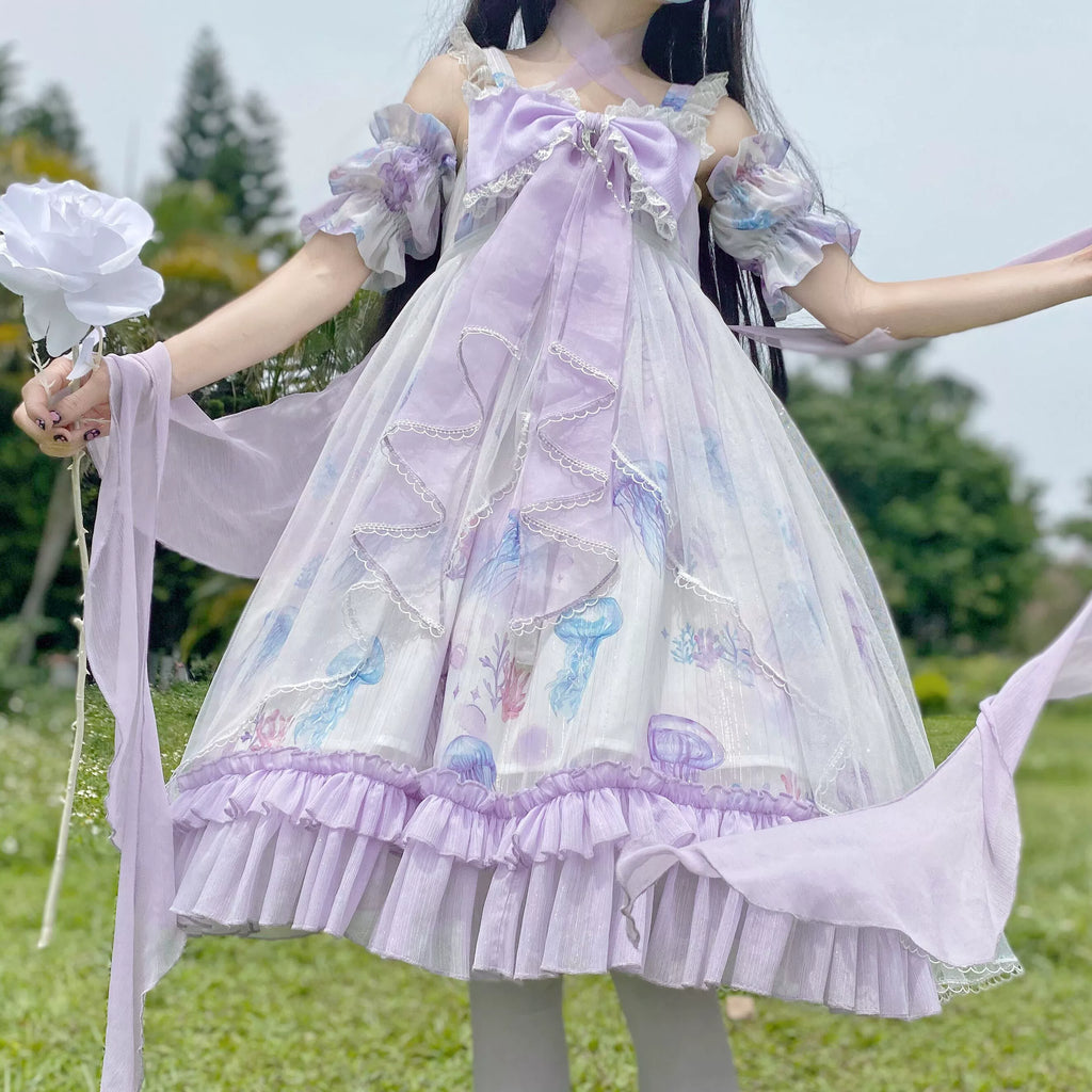 Coral Jellyfish - Sweet Lolita High-waist JSK Dress, Jellyfish & Coral Print and Accessories - image 30