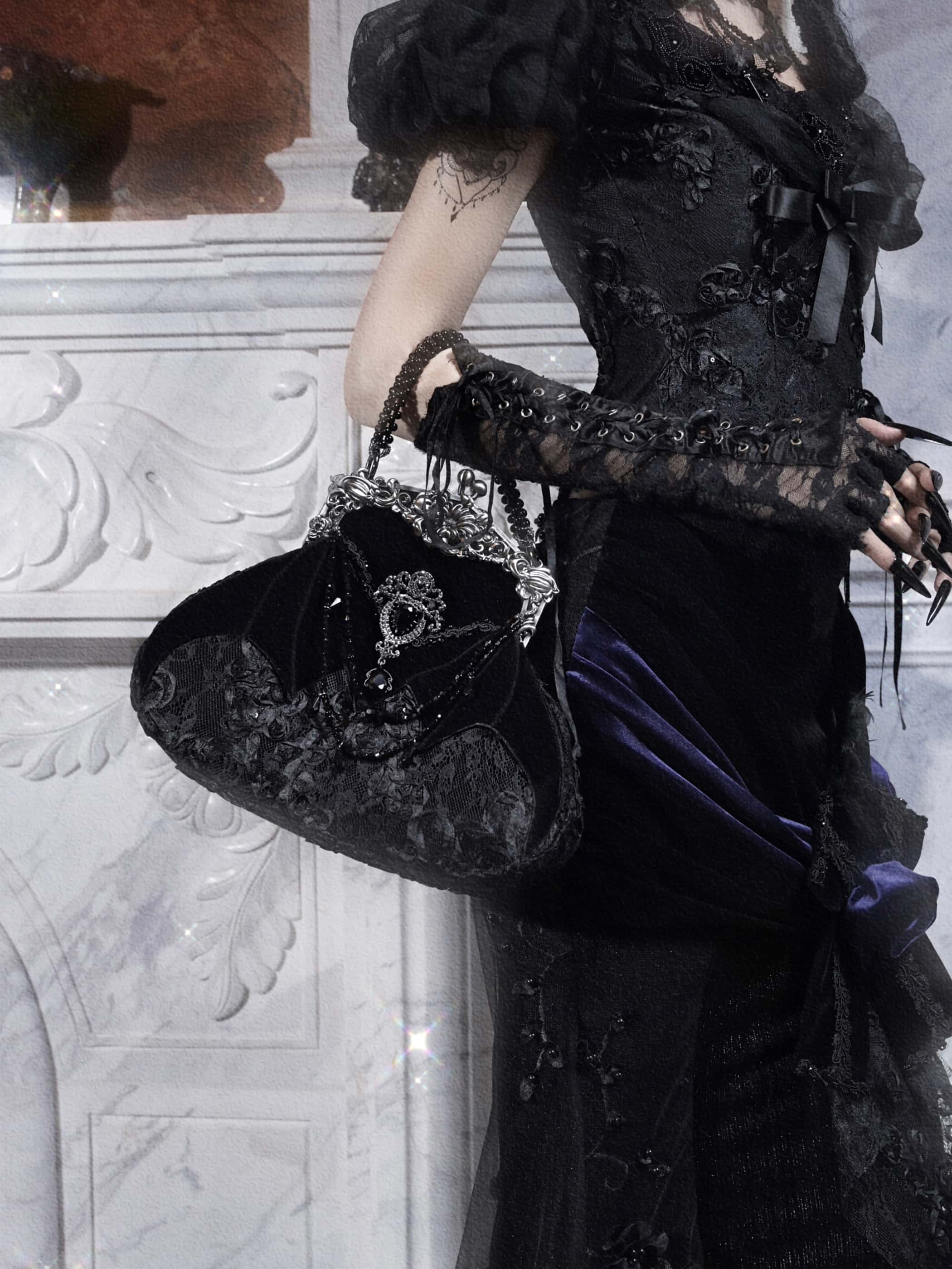 Mourning Day - Gothic Rhinestone Velvet Handbag - image 4
