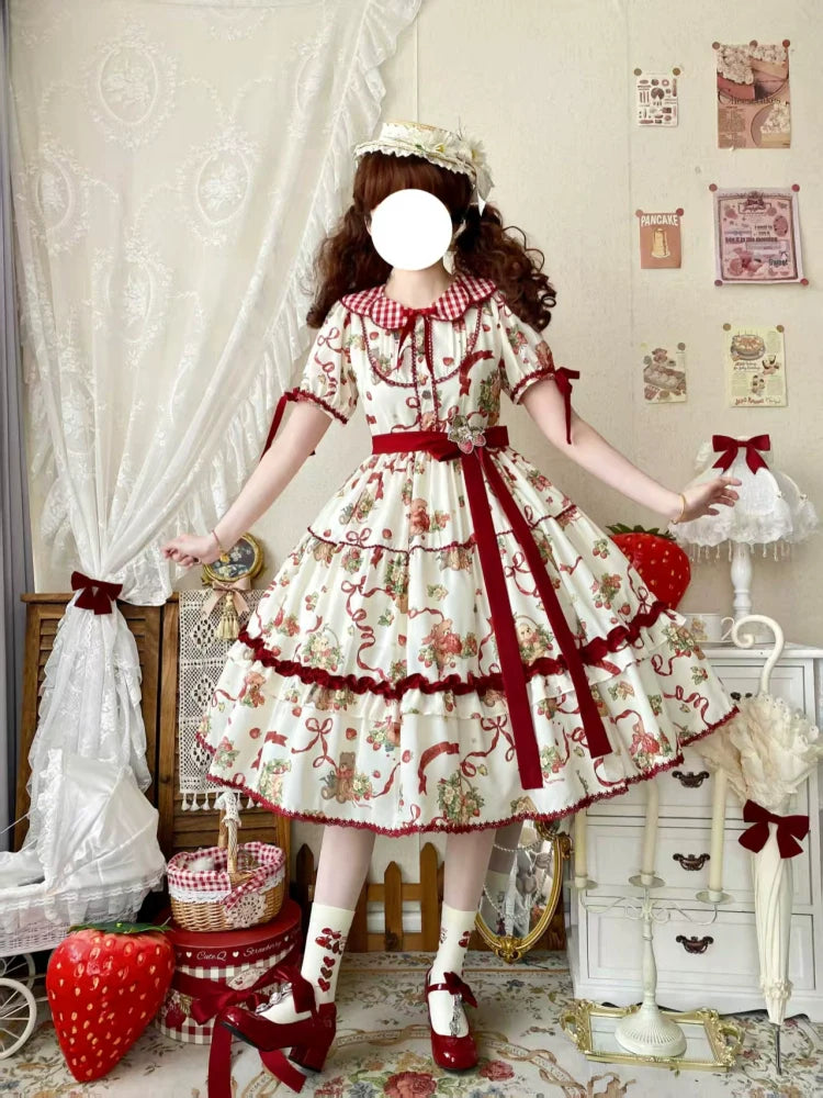 The Bear's Strawberry Field - Daily Lolita OP Dress With Petal Collar & Bear Strawberry Print and Accessories - image 11