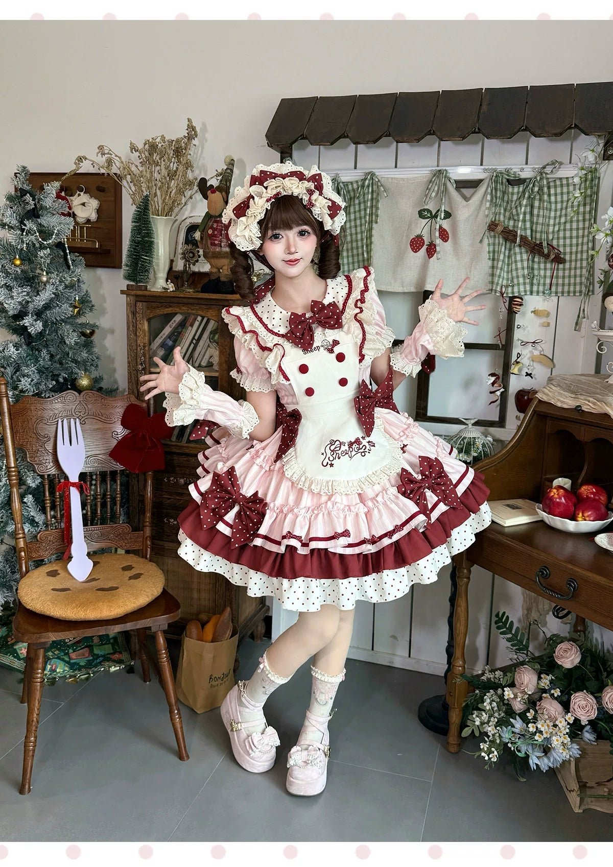 Honeyed Oath - Sweet Lolita Polka Dot OP Dress, Detachable Apron - image 2