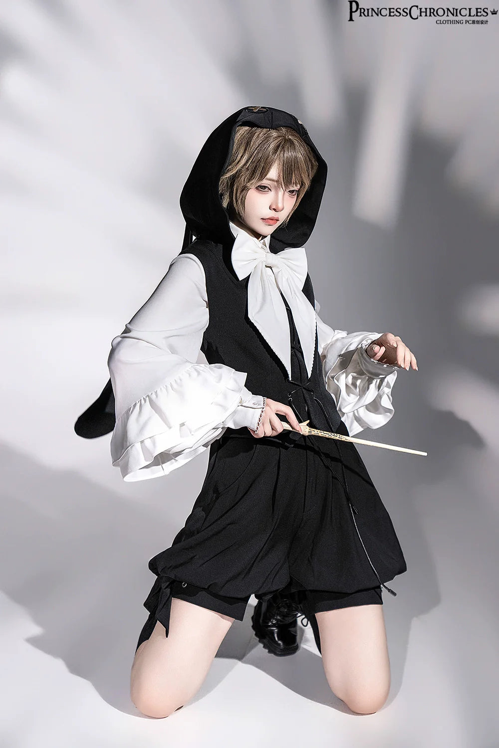 Rabbit Feather - Black Ouji Lolita Vest Shorts Suit Prince Cloak Set - image 12