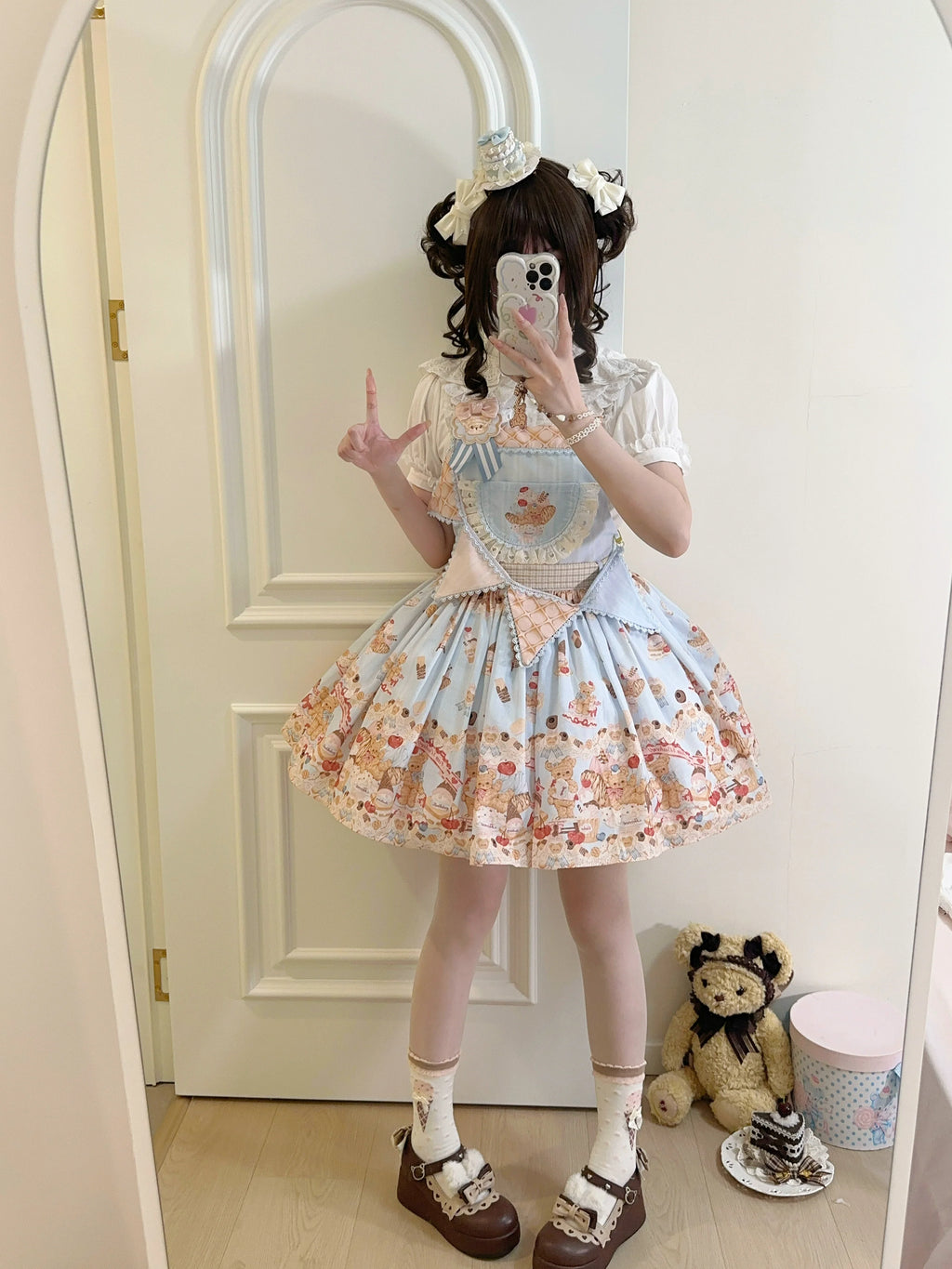 Little Bear Bonny - Kawaii Lolita Salopette, Bear & Dessert Print - image 9