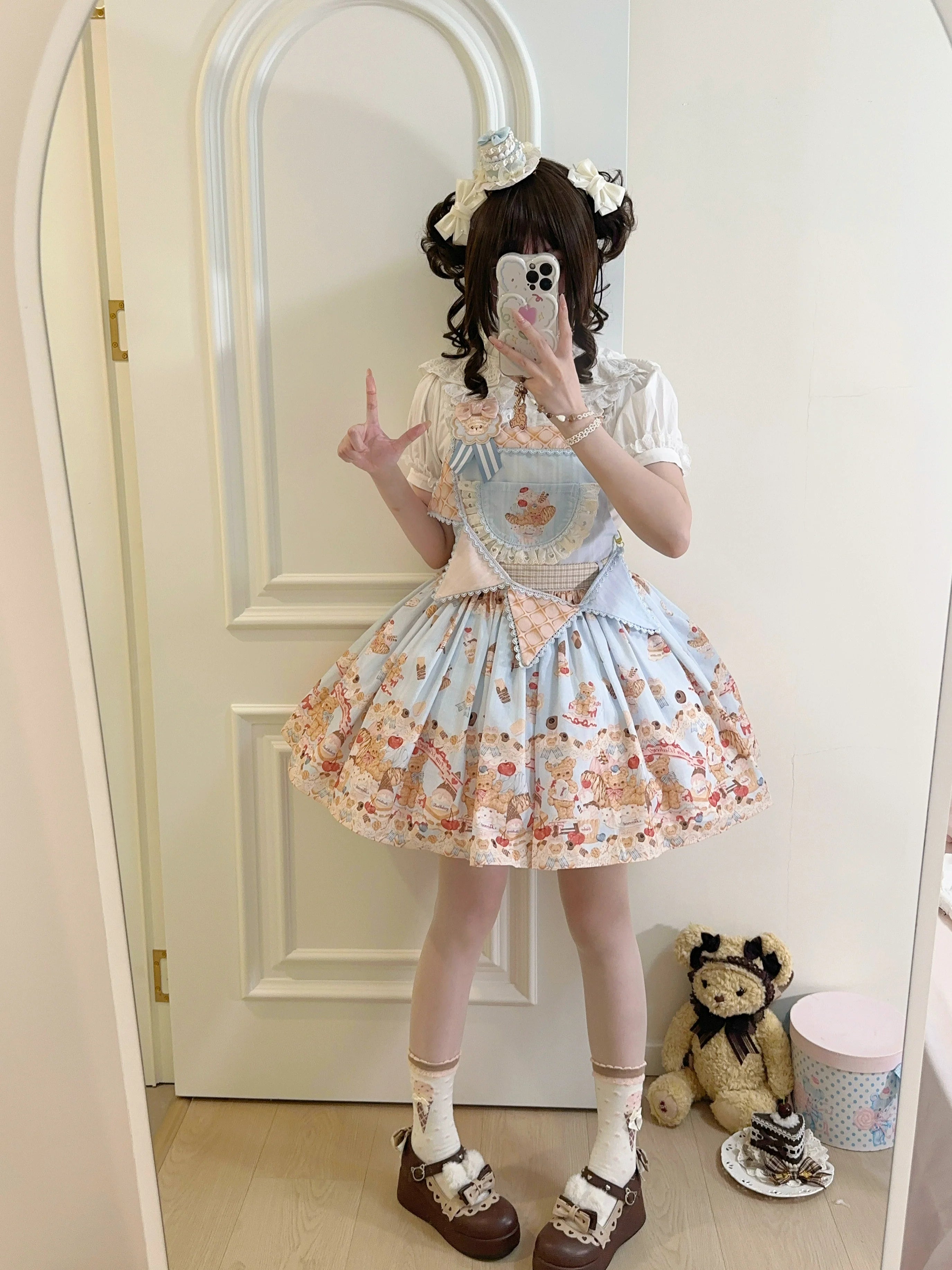 Little Bear Bonny - Kawaii Lolita Salopette, Bear & Dessert Print - image 9