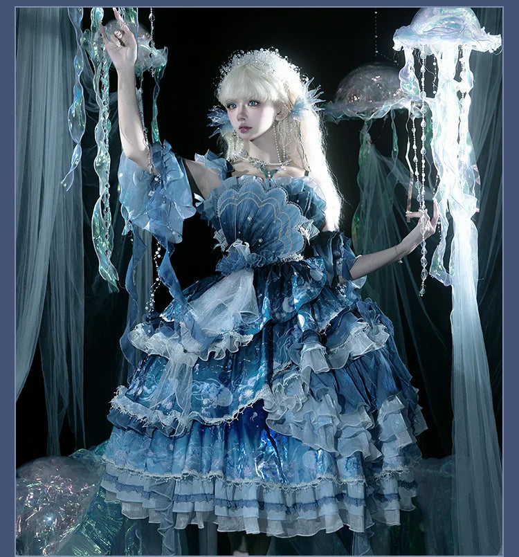 Blue Breath Jellyfish - Classic Lolita JSK Dress, Side Zipper - image 20