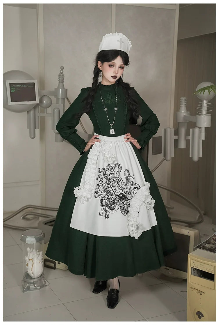 Abyss Clinic - Gothic Lolita Green Dress Set, Embroidery Accent - image 26