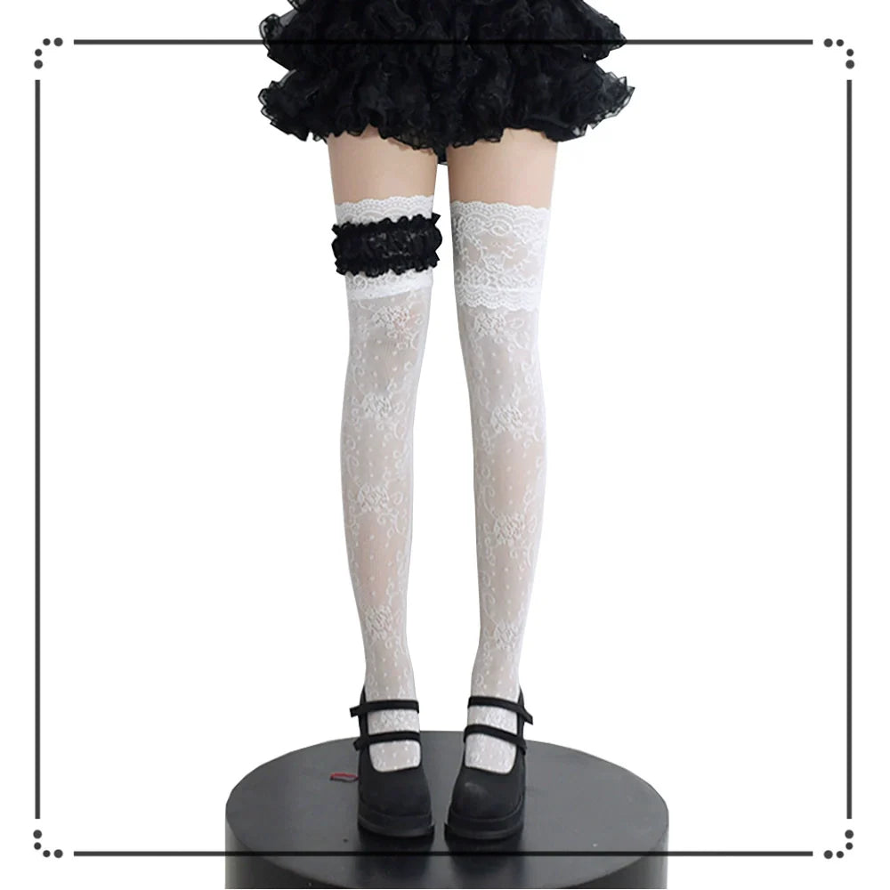 Wuxiaoliu Gothic Lolita Lace Stockings with Bow Garter - image 10