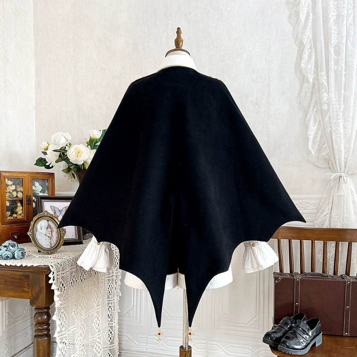 Vampire Youth - Ouji Lolita Bat Shaped Cape Set, Gold Embroidery & Red Accents - image 2