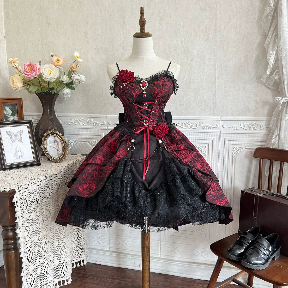 Rose Blood - Black Red Gothic Lolita JSK Jacquard Court Dress - image 19