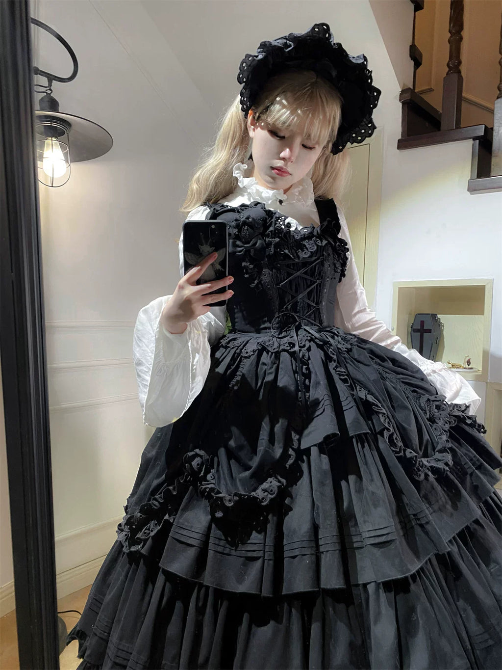Cotton Gothic Lolita Long JSK, Drawn-up Hem - image 61