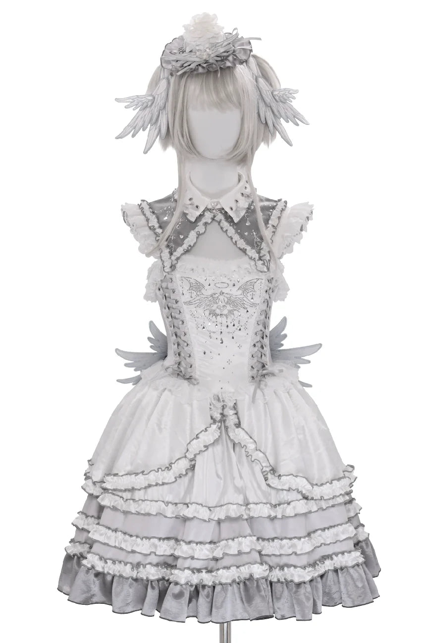 Metallic Angel - Silver-white Punk Lolita JSK, Wing and Rhinestone Details - image 35