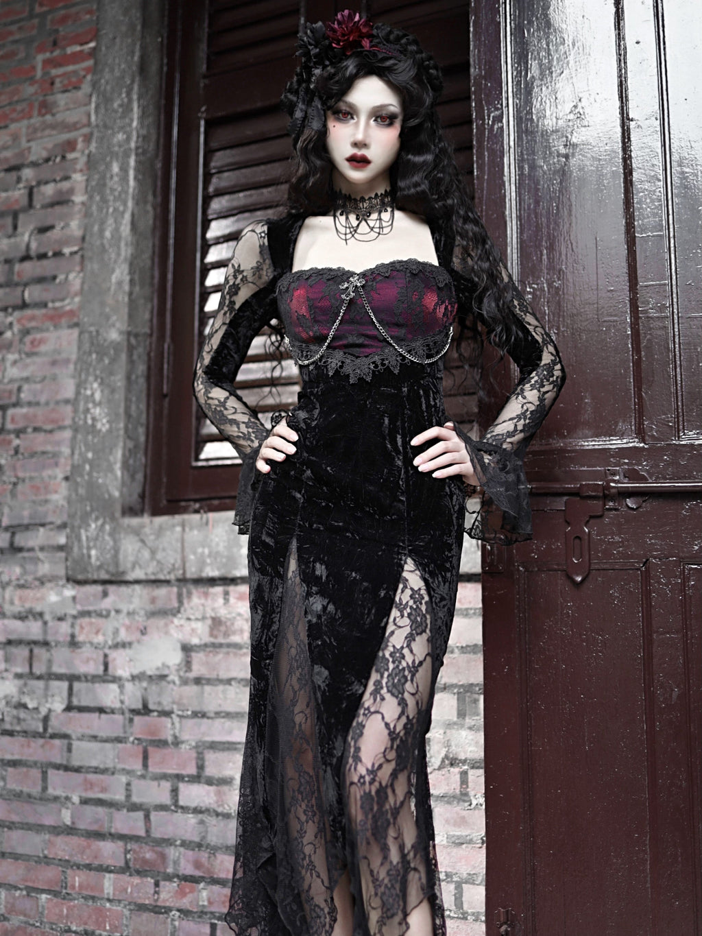 Rose Cemetery - Dark Red Velvet Gothic Lolita Dress - image 5