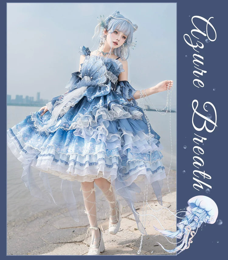 Blue Breath Jellyfish - Classic Lolita JSK Dress, Side Zipper - image 9