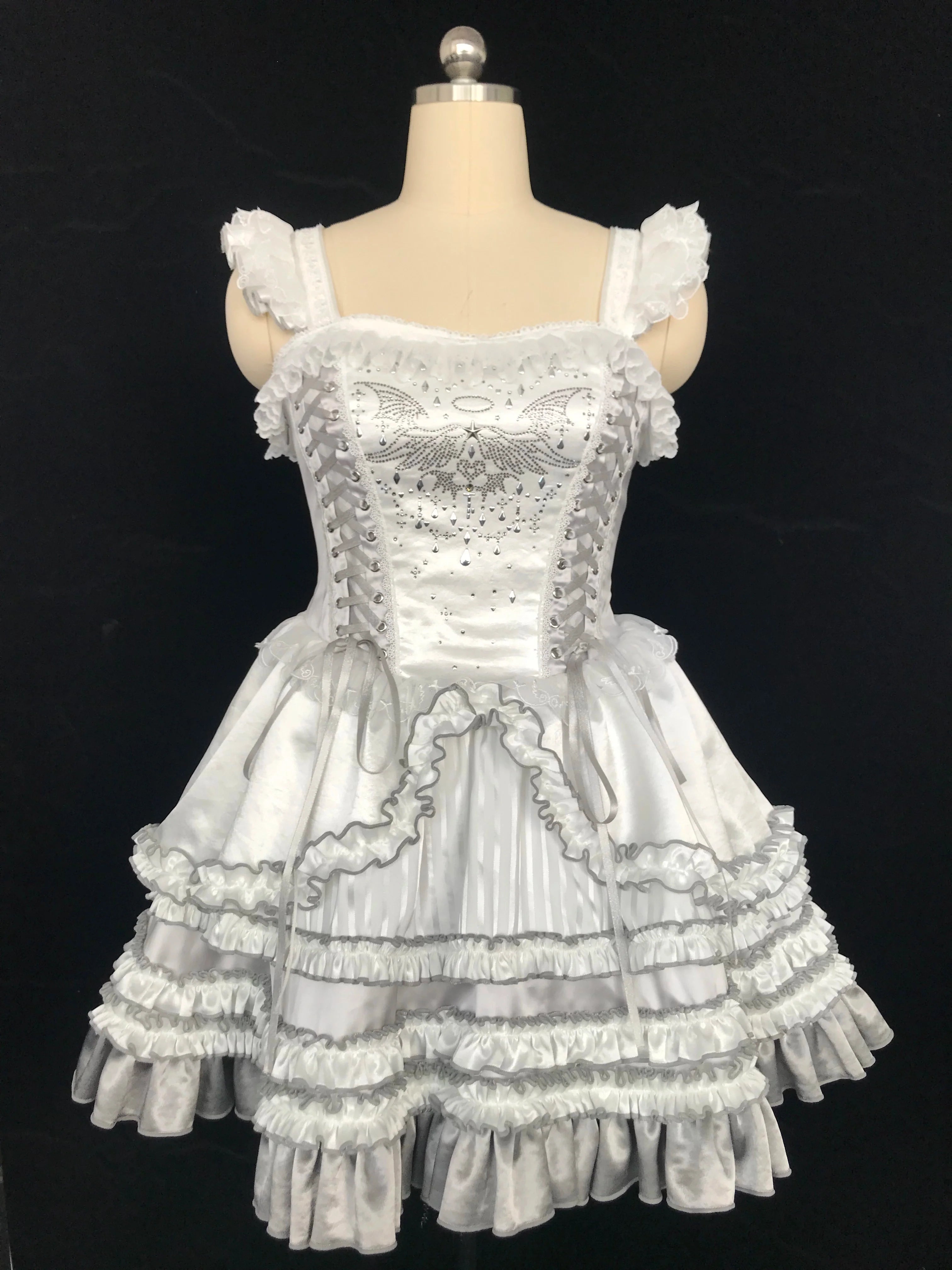 Metallic Angel - Silver-white Punk Lolita JSK, Wing and Rhinestone Details - image 18