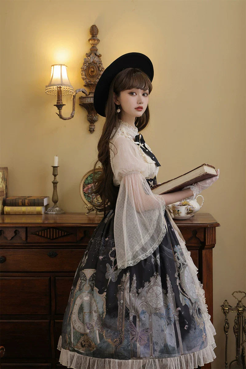 Clock Butterfly - Gothic Lolita Printed Blouse and Corset Skirt Set - image 24