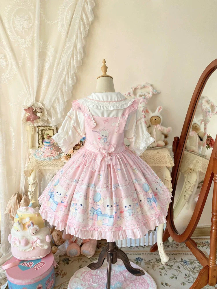 Meow Pompom - Sweet Lolita Salopette Dress Suit, Cat Print - image 5