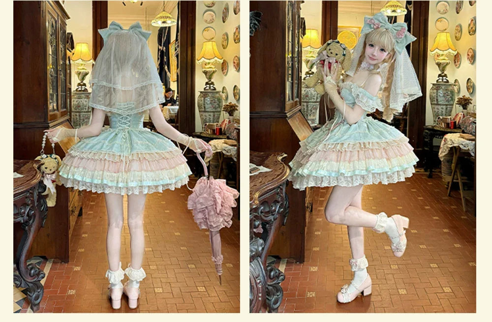 Lotus Crossing - Sweet Lolita Tiered Hem JSK Dress with Satin Bow and Accessories - image 21