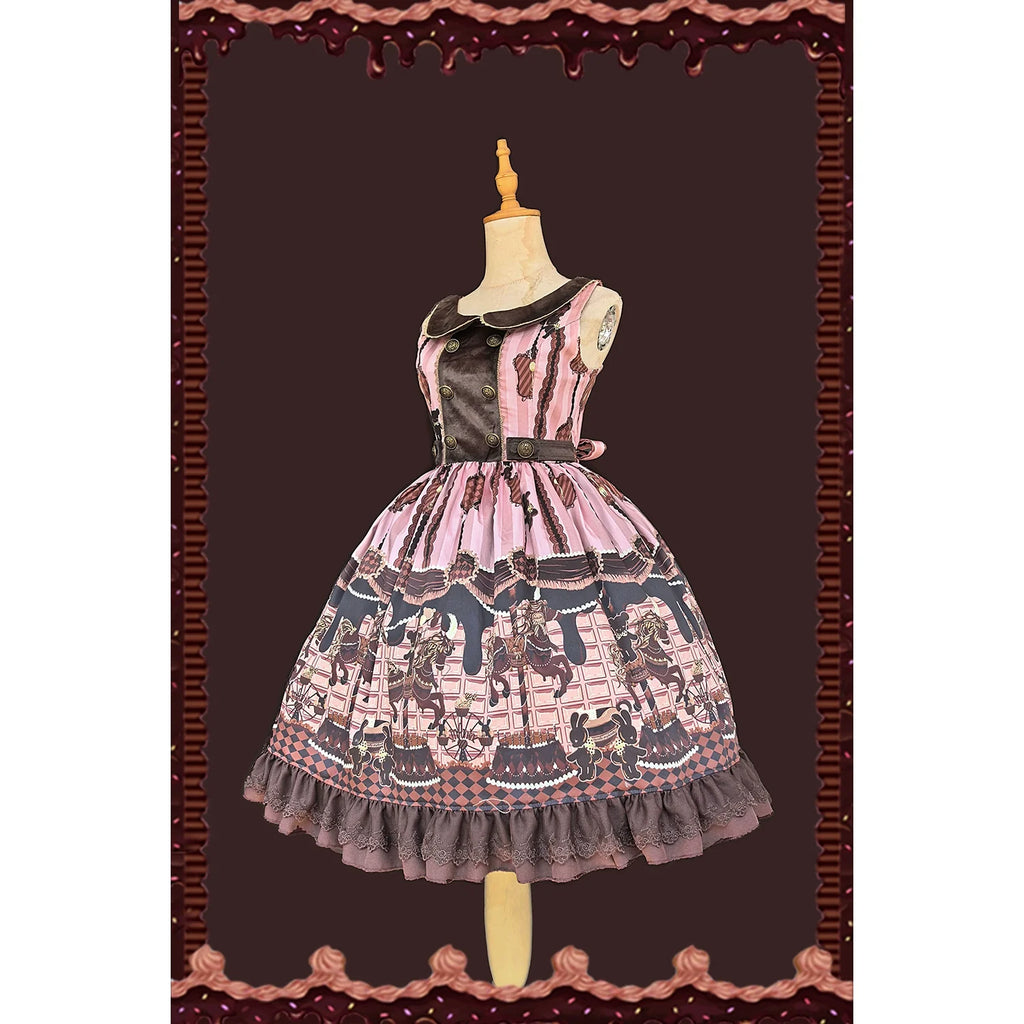 Chocolate Carousel - Peter Pan Collar Old School Lolita JSK Dress, Carousel Print and Accessories - image 4
