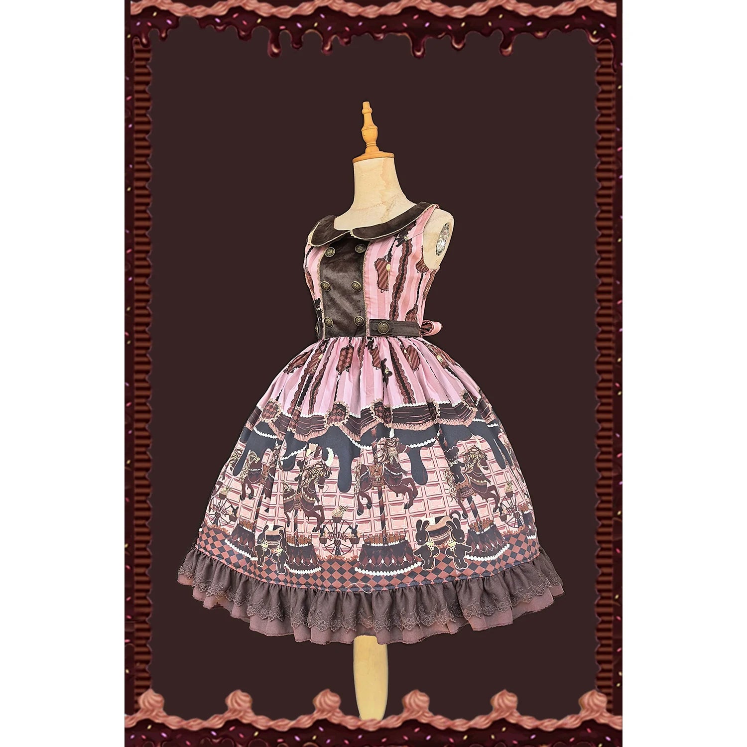 Chocolate Carousel - Peter Pan Collar Old School Lolita JSK Dress, Carousel Print and Accessories - image 4