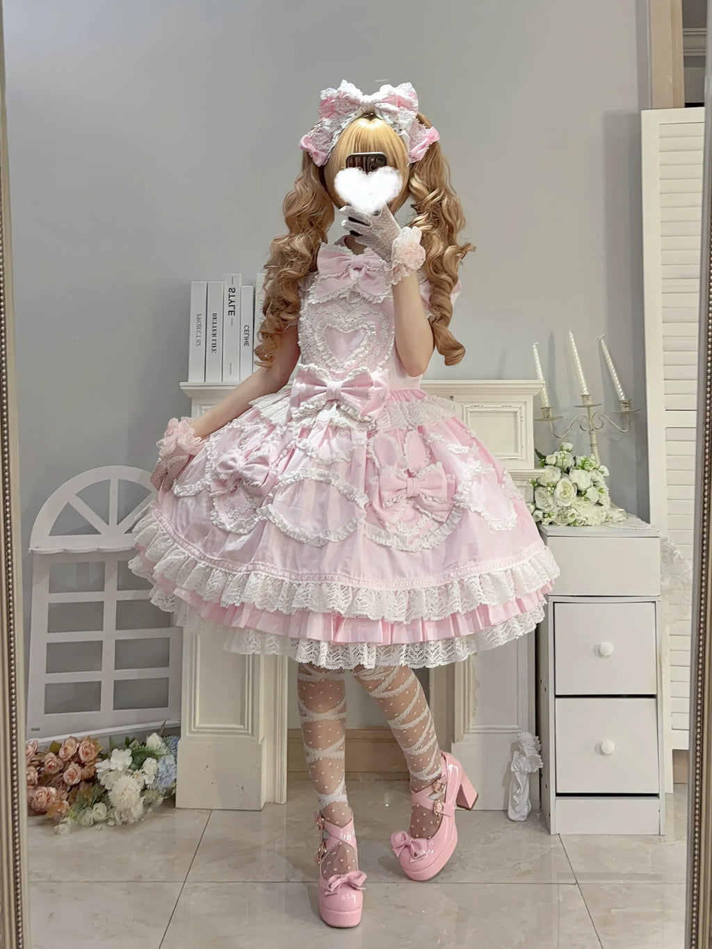 Creamy Sweet Bunny - Cotton Old School Lolita Bunny Ear OP Dress with Bows and Accessories - image 6