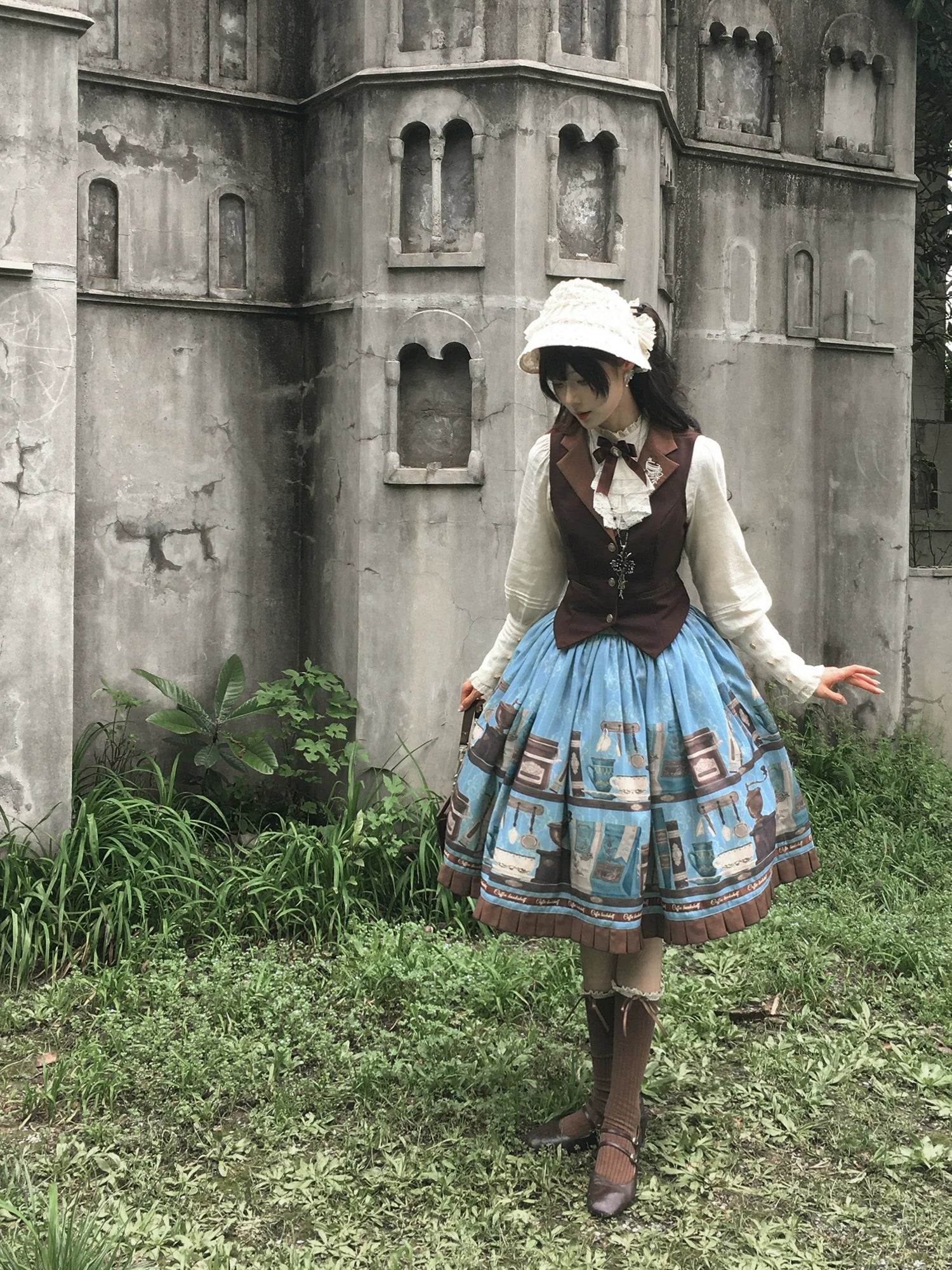 Coffee Bookshelf - Classic Lolita JSK and SK Set, Coffee Cup and Book Print - image 20