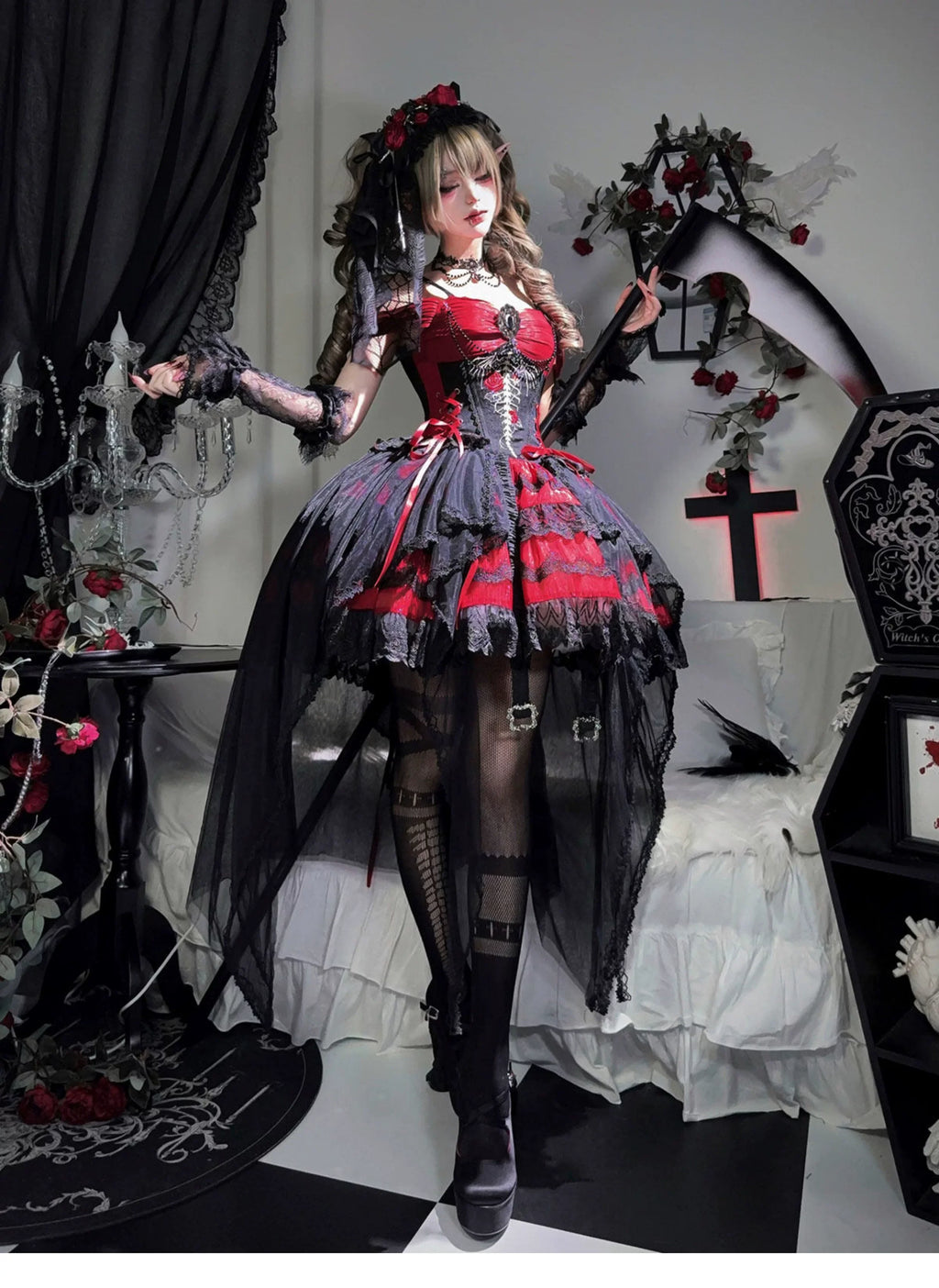 Eternal Thorn of the Dragonbone - Embroidered Gothic Lolita JSK Dress, Off-Shoulder and Accessories - image 9