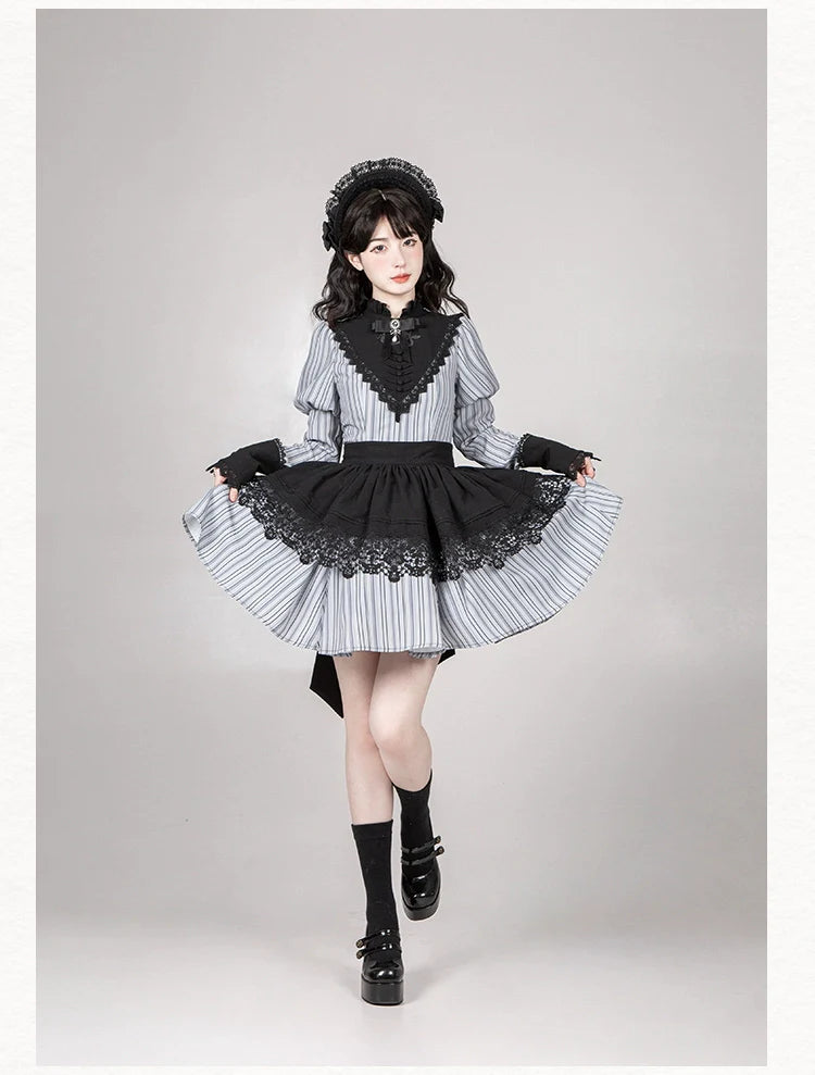 Nocturne SP - Striped Gothic Lolita OP Twin Lolita Dress with Apron and Accessories - image 29