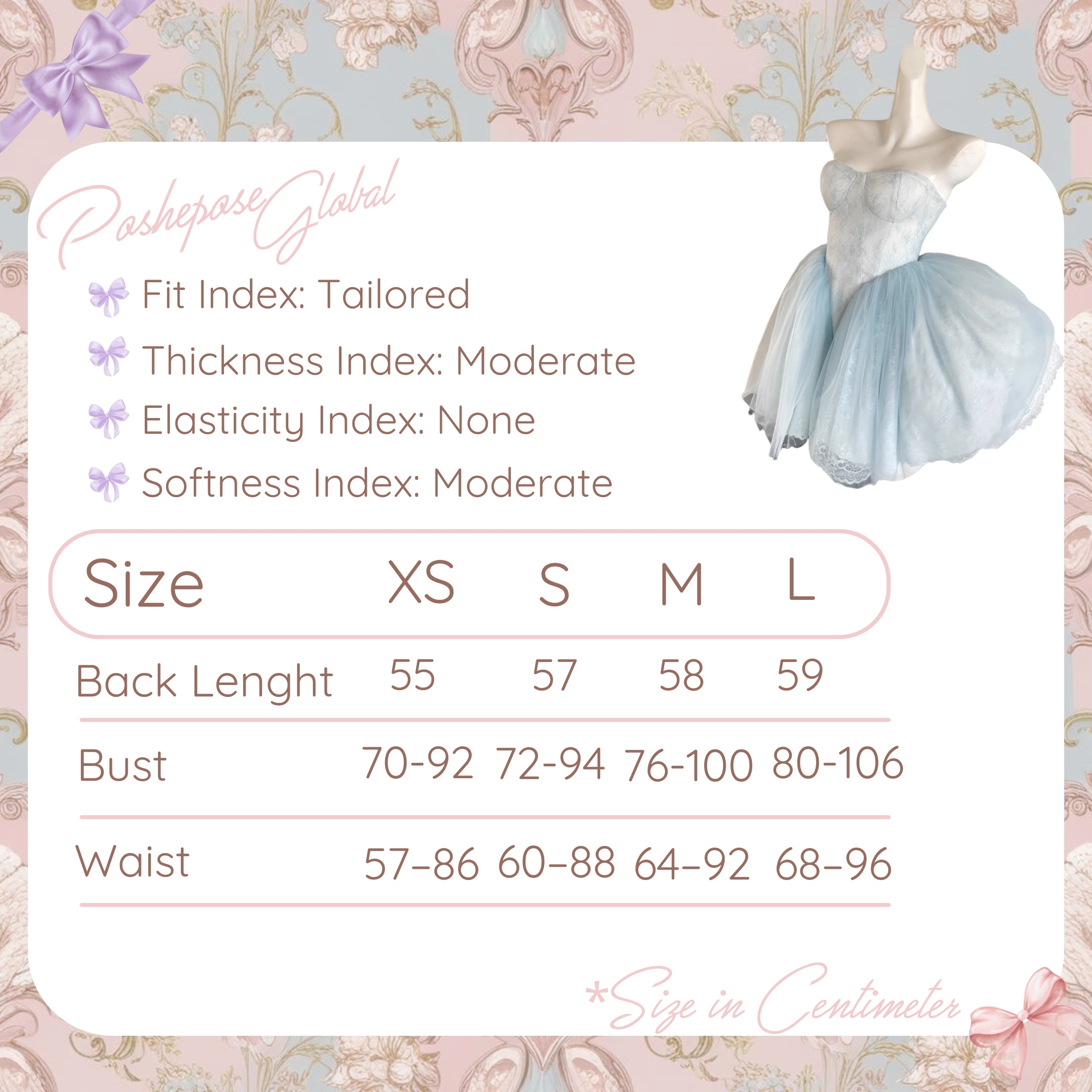 POSHEPOSE - Ballet Swan Grace Dress - official POSHEPOSE size chart